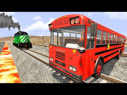 Trains vs Lava Crosses Road and Double Rails - Truck Rescue Stuck Cars Giant Pit Lava - BeamNG.Drive