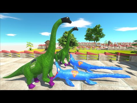 HULK BRACHIOSAURUS COUPLE VS SUPERMAN MOSASAURUS COUPLE DEATH RUN - Animal Revolt Battle Simulator