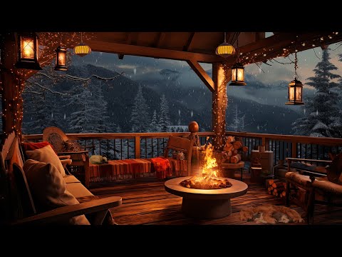 Winter Cozy Porch in Mountains with Peaceful Piano Music, Bonfire, Snow Falling & Blizzard Sounds
