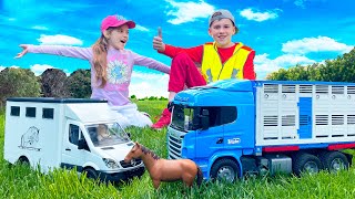 Car Toy Truck, Police, Ambulance, Tractor, Excavator - Rescue Car Van Came to Help Animals