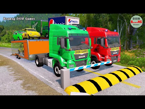 Double Flatbed Trailer Truck cars vs rails tractor vs train cars vs bollards Beamng Drive 413