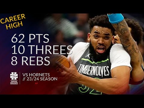 Karl-Anthony Towns 62 pts 10 threes 8 rebs vs Hornets 23/24 season