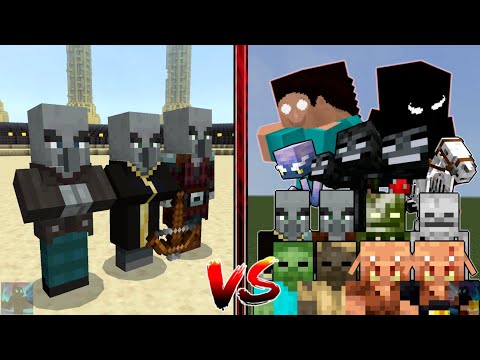 Vindicator + Pillager + Evoker vs every mob, all mobs, Herobrine | Minecraft PE Mob Battle