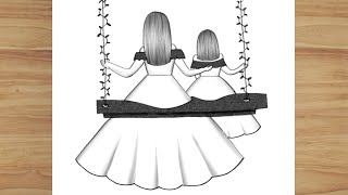 How to draw Mother Daughter swinging | mother's Day drawing | pencil sketch for beginners | drawing