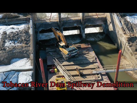 Tobacco River Dam Spillway Demolition & Stop Log Removal - Wixom Lake Flood 2020 - Aerial