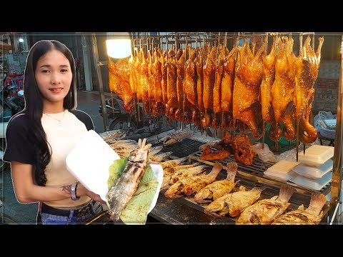 Amazing lady Grill Fish With Salt, Roast Duck, Pork Rib On The Street | Cambodian Street Food