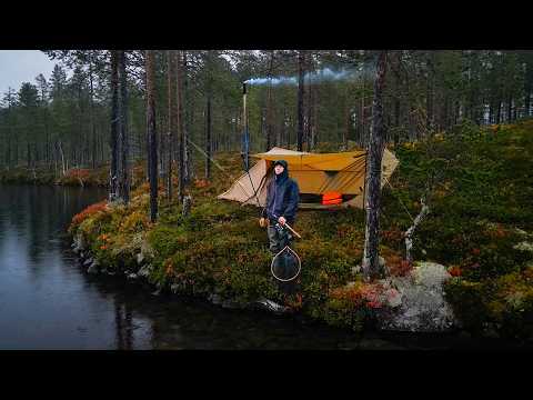 Solo Hot Tent Camping and Fishing in the Rain