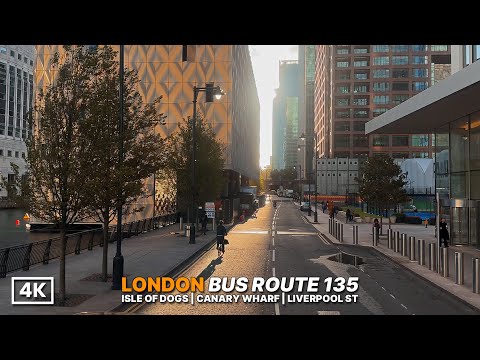 Early Morning London Bus Ride| Peaceful Ride Through Canary Wharf in 4K | Bus Route 135 | 4K HDR