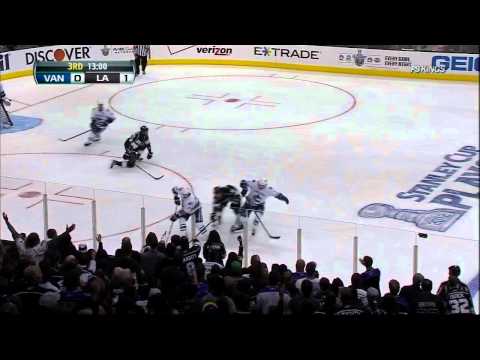 Dan Hamhuis hipcheck on Dustin Penner. Vancouver Canucks vs LA Kings 4/15/12 NHL Hockey