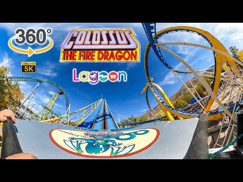 VR 360 5K Colossus the Fire Dragon Roller Coaster On Ride  Front Row POV Lagoon 2022 10 09