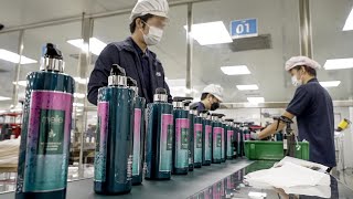 Mass Production Process of Plastic Container and Shampoo. Cosmetic Factory in Korea