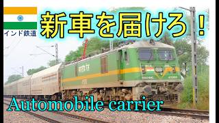 インド鉄道 新車を２段積みで輸送する専用貨物列車 Indian Railway automobile carrier train crossing
