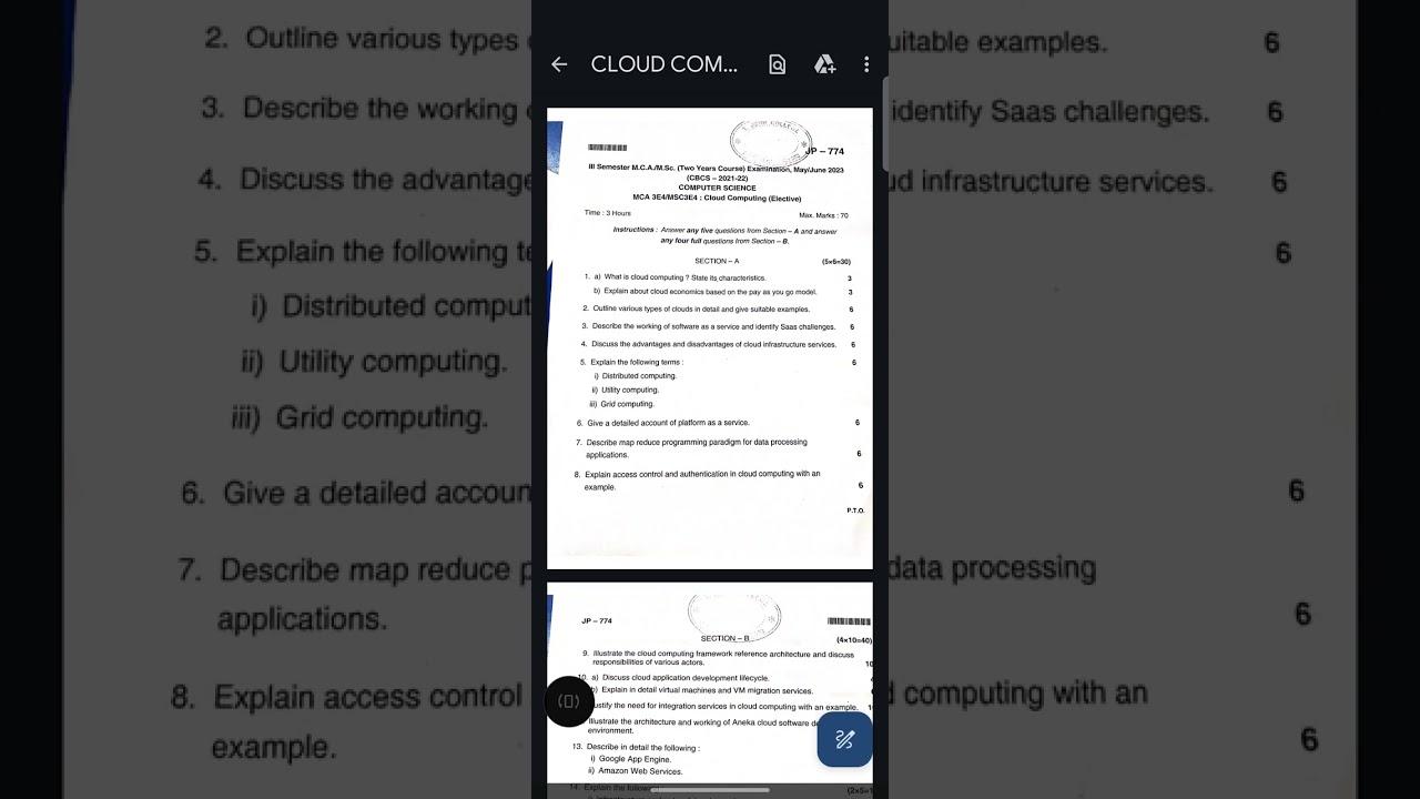 T JOHN MCA SEM-3 CLOUD COMPUTING QUESTION PAPER 2023