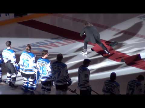 Mark Donnelly Trips Over Carpet at Penticton VEES Game 10-3-14