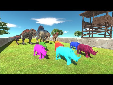 Neon Rhinos trying to escape from Carnivore Dinosaurs - Animal Revolt Battle Simulator