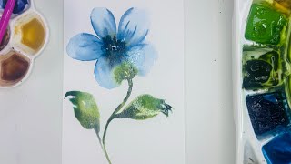 Wet on wet, watercolor, loose blue flower step-by-step for beginners ￼