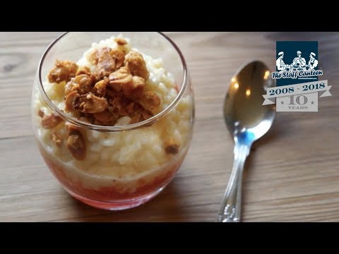 Dom Chapman creates a warm vanilla rice pudding recipe with, peaches and granola