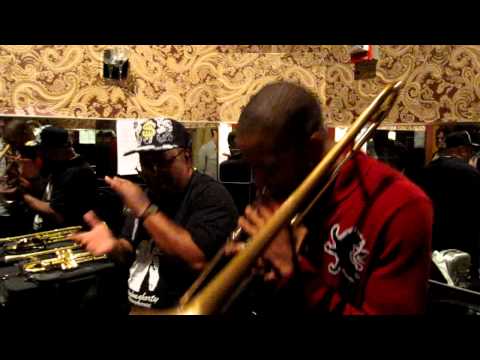 Trombone Shorty and Orleans Ave Warming up"Lets Go Get Em' "before Fillmore West show 2/11/2011