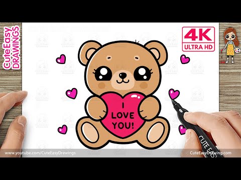 How to Draw a Cute Teddy Bear Holding Heart - Easy Step by Step Drawing for Kids