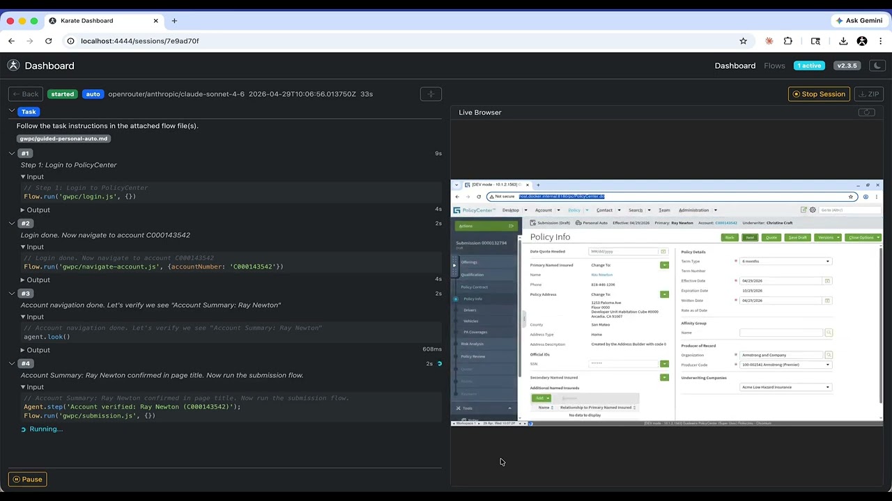 Watch: Karate Agent completes a Guidewire Personal Auto submission using guided flows