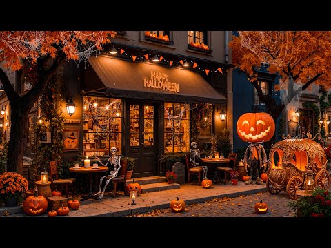Scary Coffee Shop Street Halloween Ambience 🎃 Relaxing Halloween Jazz Music for Working, Studying
