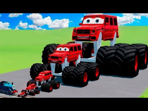 Big & Small Red Vizor Monster Truck McQueen Lightning VS Train | BeamNG.drive