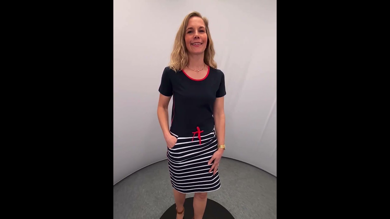 Dames jurk Marine/witte strepen en rood accent