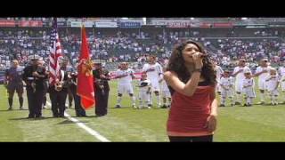 Jasmine V sings the National Anthem at the LA Galaxy Soccer Match
