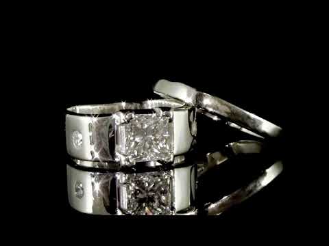 14k White Gold CGL Certified 1.65ct Square Brilliant Cut Diamond Ring and Matching 10k White Gold Band