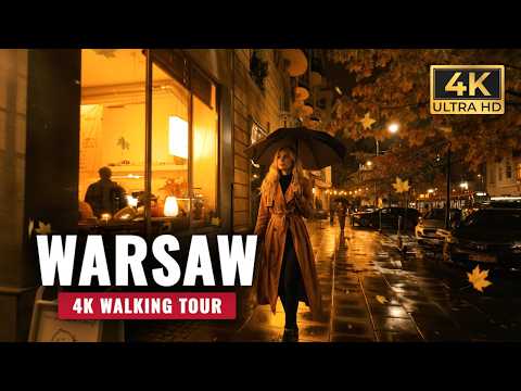 Explore Warsaw on a Rainy Fall Evening – 4K Walking Tour – Poland