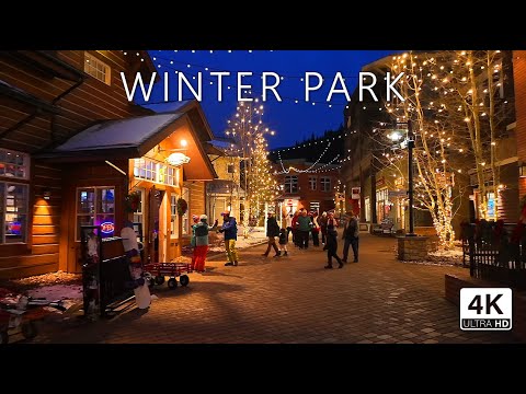Winter Park Colorado - Snowy Evening in Christmas Decorated Ski Resort - 4K Walking Tour