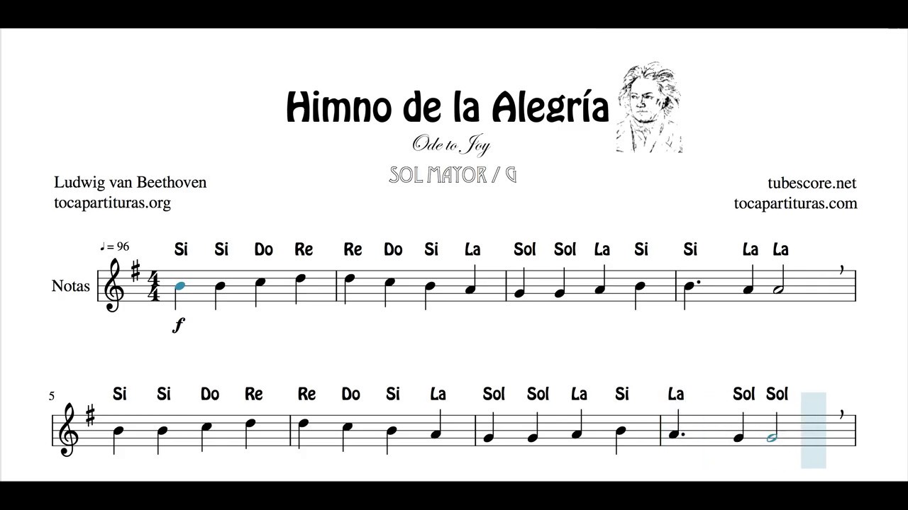 Himno de la Alegría Paritura con Notas en Sol Mayor Flauta Violín Oboe