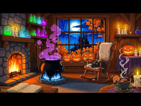 halloween cozy cabin ambience | 1920s oldies playing in another room (rainy & fireplace crackling)