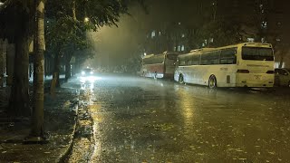 Torrential Rain on Night Street with Cars &amp; Distant Thunder - Thunderstorm Rain Sounds for Sleeping