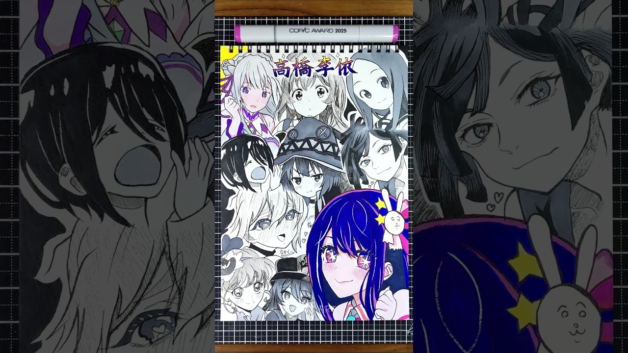 CV：高橋李依の演じたキャラ10選を一発描きで描いてみた！💜🔥#drawing #drawingchallenge #一発描き #声優 #高橋李依