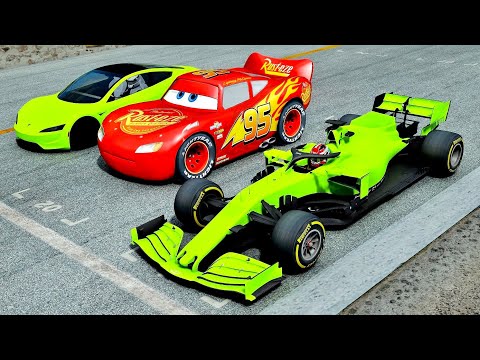 Ferrari F1 2020 with NOS vs Lightning McQueen vs Tesla Roadster with NOS - Drag Race 10 KM