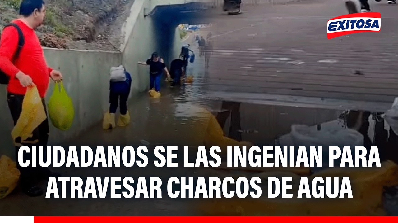 🔴🔵 Ciudadanos se las ingenian para atravesar charcos de agua en puente Alipio de SJM