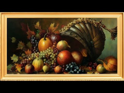 Cornucopia of Autumn golden frame vintage art tv watercolor minimalist  abstract muted background