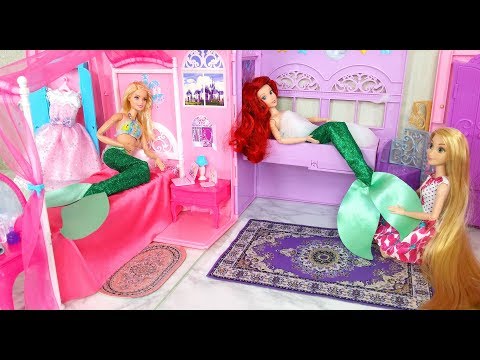 Mermaid Barbie Rapunzel Ariel Princess Room Breakfast Morning Routine ; Princesa Sereia Boneca