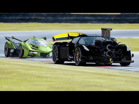 Koenigsegg Godzilla Dragster vs Lamborghini V12 Vision GT at Brands Hatch