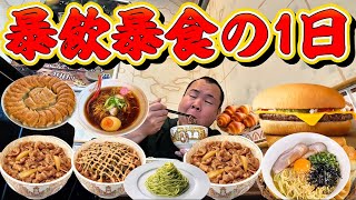 【暴飲暴食】1日好きな物だけ食べる！牛丼3人前！ハンバーガー！食べ放題！マクドナルド！パスタ！パン！ラーメン！油そば！餃子！焼豚！ハイボール！ビール！豚カツ！豚汁！お酒！ビックマック！尾道ラーメン！