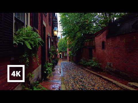 4K Walking  Heavy Rain Beacon Hill Boston -  Rain on Umbrella and City Sounds Binaural ASMR