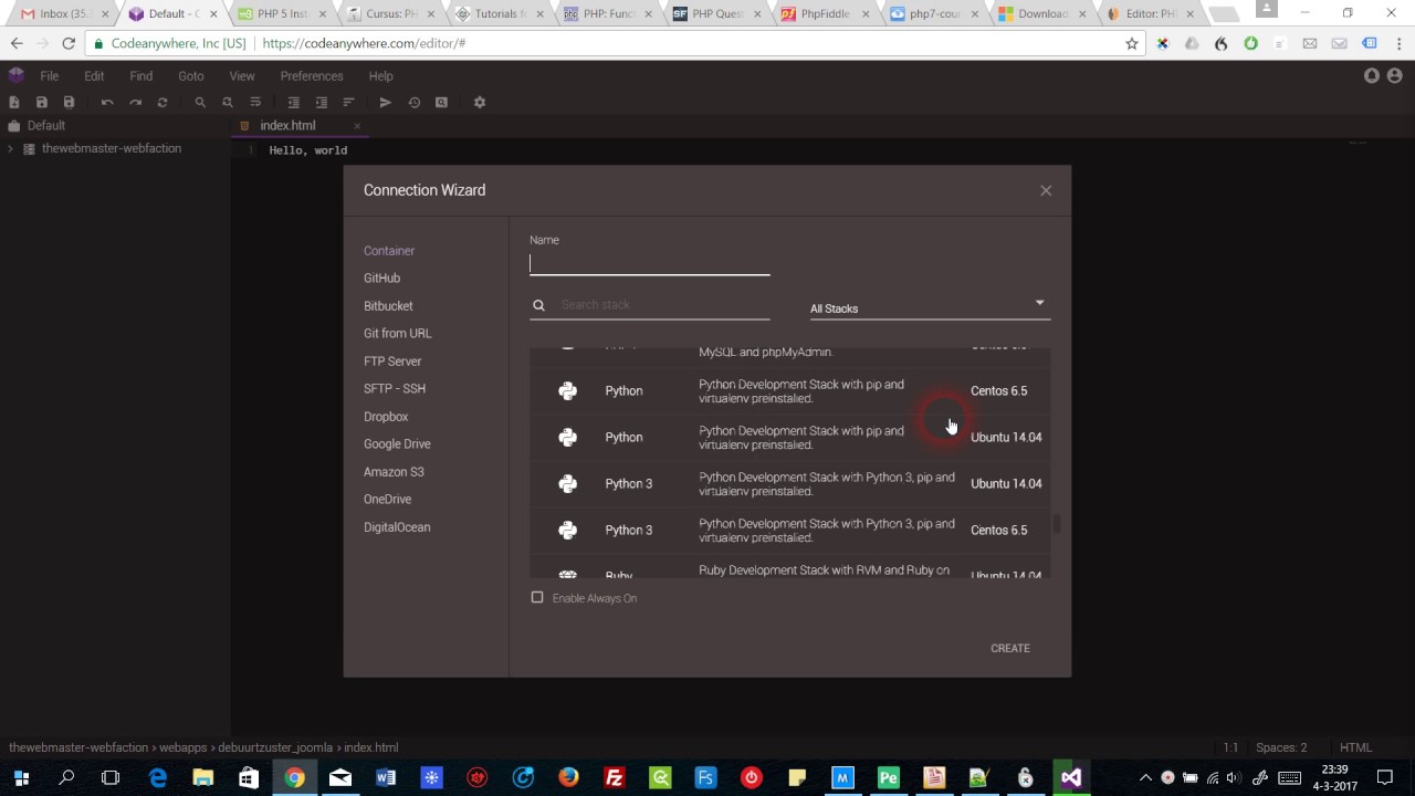 Codeanywhere create container voor testen PHP scripts