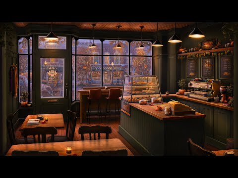 Fall Morning Coffee Shop Ambience with Relaxing Jazz and Rain Sounds