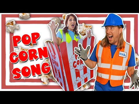Thumbnail of a man in an orange safety vest and hard hat, a surprised woman in a safety vest, a giant popcorn box, and bold POP CORN SONG text.