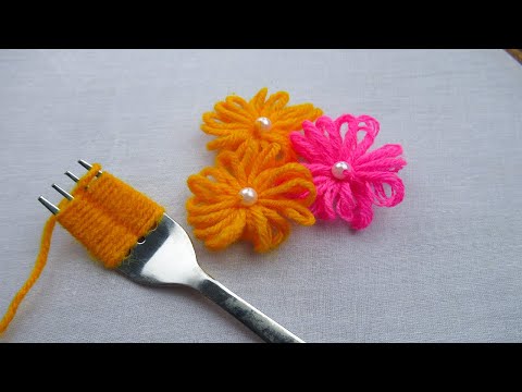 amazing woolen flower making idea, woolen flower with fork