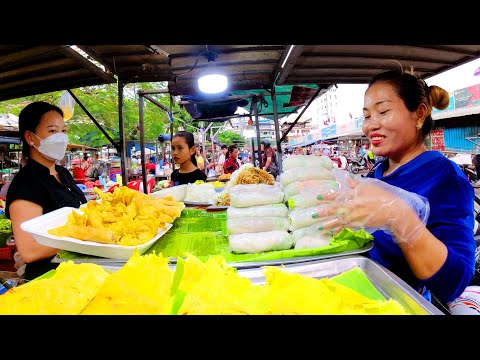 Most popular! yellow pancake, spring roll, rice noodles, fried cake, & more - Cambodia street food