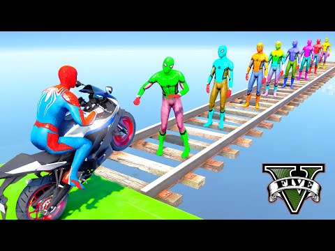 Spiderman with Rainbow Spiderman Bridge Stunt Drop Race Challenge / Motorcycles - GTA 5