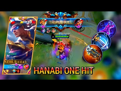 HANABI ONE HIT | TOP GLOBAL BRUNO BEST BUILD AND EMBLEM - MASTER BODAK MLBB