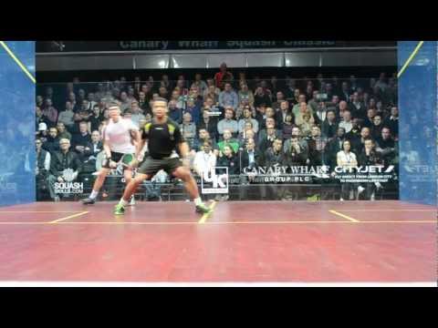 Adrian Grant v Henrik Mustonen rally - Canary Wharf Squash Classic, March 2013